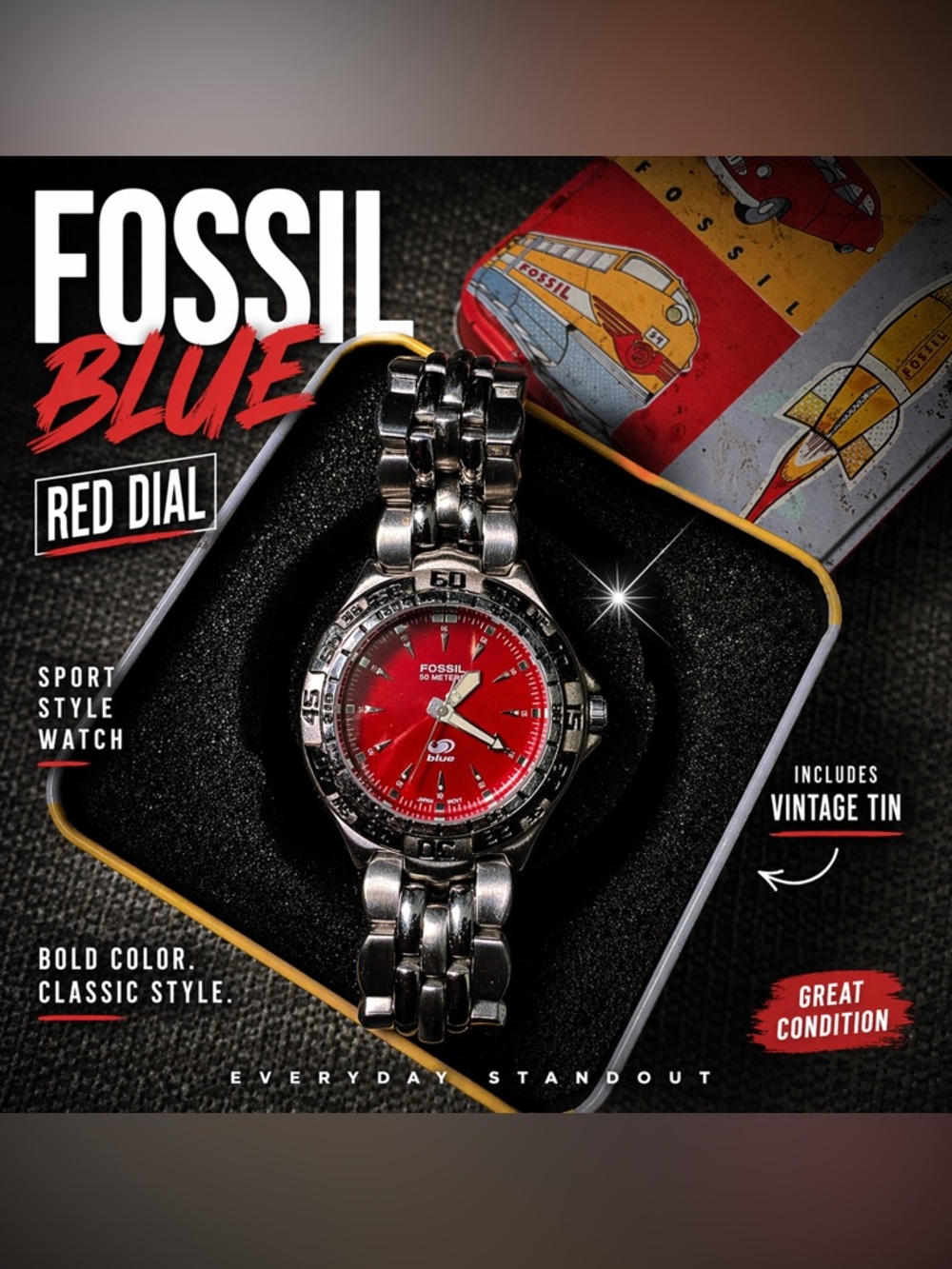 Fossil Blue Red Dial Watch Stainless Steel Sport Style With Tin